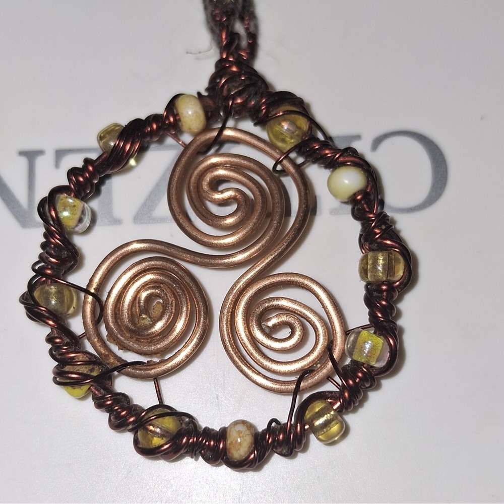 Handcrafted Copper Wire-Wrapped Spiral Pendant W/ Yellow Glass & Jade Beads